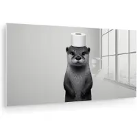MuchoWow Glasschilderij 80x40 cm - Schilderij acrylglas - Otter - WC rol - Zwart - Wit - Foto op glas - Muurdecoratie woonkamer - Wanddecoratie slaapkamer - Schilderijen