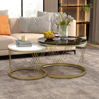 STILVORA Salontafel Set Van 2 - Nestbaar Rond Design Met Marmerlook - Voor Woonkamer En Balkon - MDF;Metaal - 70x70x45 En 45x45x40 Cm