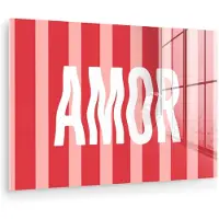 MuchoWow Glasschilderij 150x100 cm - Schilderij acrylglas - Amor - Strepen - Rood - Roze - Foto op glas - Muurdecoratie woonkamer - Wanddecoratie slaapkamer - Schilderijen