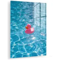 MuchoWow Glasschilderij 60x80 cm - Schilderij acrylglas - Badeend - Dobberend - Roze - Foto op glas - Muurdecoratie woonkamer - Wanddecoratie slaapkamer - Schilderijen