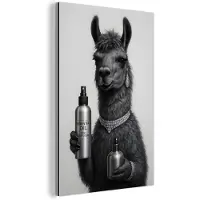 MuchoWow Aluminium schilderij 120x180 cm - Wanddecoratie metaal - Lama - Flessen - Zwart - Wit - Metalen muurdecoratie woonkamer - Decoratie industrieel - Foto op dibond - Industriële accessoires slaapkamer
