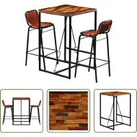 The Living Store Vintage Meubels - Bartafel - 3-delige Barset massief gerecycled hout en echt geitenleer - Industriele Decoratie - Houten Bartafel - Barstoel