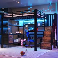 OKWISH Hoogslaper 140x200 cm - Met Bureau, Ledverlichting En Stopcontact - Met Opbergruimte En Lades - Zonder Matras - Zwart