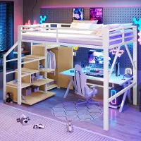 OKWISH Hoogslaper 140x200 cm - Met Ledverlichting En Kast - Met Opbergruimte En Trap - Zonder Matras - Metaal - Wit