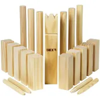 Bex Kubb Basic – Zweeds Vikingschaak – Toegankelijk Buitenspel – FSC Grenenhout – Koning Met Houtkleurige Kroon – Vanaf 8 Jaar – Inclusief Opbergnet Met Trekkoord