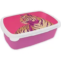 MuchoWow Broodtrommel Roze - Lunchbox Tijger - Modern - Neon - Brooddoos 18x12x6 cm - Brood lunch box - Broodtrommels voor kinderen en volwassenen