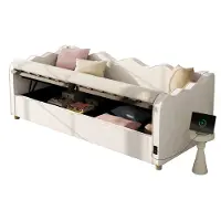 STILVORA Dagbed 90x200 cm – Gestoffeerd Bed Met Hydraulische Opbergruimte En Usb – Zonder Matras – Fluweel – Beige