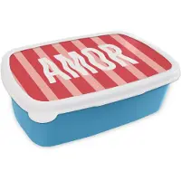 MuchoWow Broodtrommel Blauw - Lunchbox Amor - Strepen - Rood - Roze - Brooddoos 18x12x6 cm - Brood lunch box - Broodtrommels voor kinderen en volwassenen