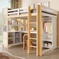 OKWISH Hoogslaper 140x200 cm - Met Bureau En Kast - Met Open Opbergruimte - Zonder Matras - Grenen - Naturel