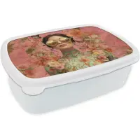 MuchoWow Broodtrommel Wit - Lunchbox Vrouw - Bril - Roze - Bloemen - Brooddoos 18x12x6 cm - Brood lunch box - Broodtrommels voor kinderen en volwassenen
