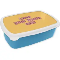 MuchoWow Broodtrommel Blauw - Lunchbox Love yourself - Roze - Geel - Brooddoos 18x12x6 cm - Brood lunch box - Broodtrommels voor kinderen en volwassenen