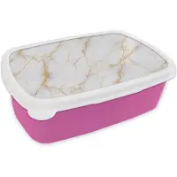 MuchoWow Broodtrommel Roze - Lunchbox Wit - Goud - Marmer print - Aders - Brooddoos 18x12x6 cm - Brood lunch box - Broodtrommels voor kinderen en volwassenen