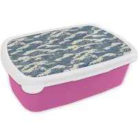 MuchoWow Broodtrommel Roze - Lunchbox Golven - Klassiek - Blauw - Brooddoos 18x12x6 cm - Brood lunch box - Broodtrommels voor kinderen en volwassenen