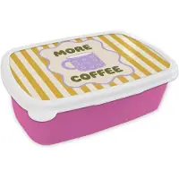 MuchoWow Broodtrommel Roze - Lunchbox More coffee - Geel - Paars - Strepen - Mok - Brooddoos 18x12x6 cm - Brood lunch box - Broodtrommels voor kinderen en volwassenen