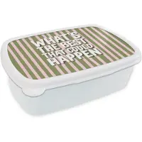 MuchoWow Broodtrommel Wit - Lunchbox What's the best that could happen - Strepen - Groen - Roze - Brooddoos 18x12x6 cm - Brood lunch box - Broodtrommels voor kinderen en volwassenen