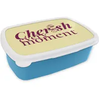 MuchoWow Broodtrommel Blauw - Lunchbox Cherish every moment - Cocktailglas - Geel - Brooddoos 18x12x6 cm - Brood lunch box - Broodtrommels voor kinderen en volwassenen
