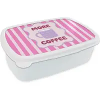 MuchoWow Broodtrommel Wit - Lunchbox More coffee - Roze - Paars - Strepen - Mok - Brooddoos 18x12x6 cm - Brood lunch box - Broodtrommels voor kinderen en volwassenen