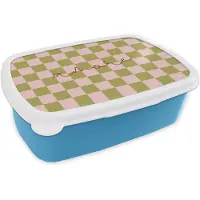 MuchoWow Broodtrommel Blauw - Lunchbox Patroon - Geblokt - Olijfgroen - Amore - Brooddoos 18x12x6 cm - Brood lunch box - Broodtrommels voor kinderen en volwassenen
