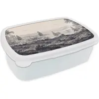 MuchoWow Broodtrommel Wit - Lunchbox Mistig - Berglandschap - Illustratie - Brooddoos 18x12x6 cm - Brood lunch box - Broodtrommels voor kinderen en volwassenen