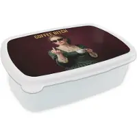 MuchoWow Broodtrommel Wit - Lunchbox Koffie - Vrouw - Middelvinger - Brooddoos 18x12x6 cm - Brood lunch box - Broodtrommels voor kinderen en volwassenen