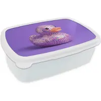 MuchoWow Broodtrommel Wit - Lunchbox Disco - Eend - Paars - Brooddoos 18x12x6 cm - Brood lunch box - Broodtrommels voor kinderen en volwassenen