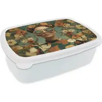 MuchoWow Broodtrommel Wit - Lunchbox Bloemenkrans - Vrouwengezicht - Zonnebril - Oranje - Brooddoos 18x12x6 cm - Brood lunch box - Broodtrommels voor kinderen en volwassenen