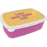 MuchoWow Broodtrommel Roze - Lunchbox Love yourself - Roze - Geel - Brooddoos 18x12x6 cm - Brood lunch box - Broodtrommels voor kinderen en volwassenen