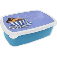 MuchoWow Broodtrommel Blauw - Lunchbox Mok - Koffie - Vrouw - Paars - Brooddoos 18x12x6 cm - Brood lunch box - Broodtrommels voor kinderen en volwassenen