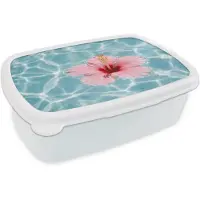 MuchoWow Broodtrommel Wit - Lunchbox Hibiscus - Water - Roze - Brooddoos 18x12x6 cm - Brood lunch box - Broodtrommels voor kinderen en volwassenen