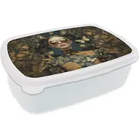MuchoWow Broodtrommel Wit - Lunchbox Vrouw - Bladeren - Goud - Vlinders - Brooddoos 18x12x6 cm - Brood lunch box - Broodtrommels voor kinderen en volwassenen