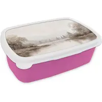 MuchoWow Broodtrommel Roze - Lunchbox Rivierlandschap - Minimalistisch - Aardetinten - Brooddoos 18x12x6 cm - Brood lunch box - Broodtrommels voor kinderen en volwassenen