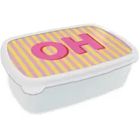 MuchoWow Broodtrommel Wit - Lunchbox Tekst - Strepen - Roze - Brooddoos 18x12x6 cm - Brood lunch box - Broodtrommels voor kinderen en volwassenen