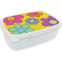 MuchoWow Broodtrommel Wit - Lunchbox Bloemen - Illustratie - Kleurrijk - Brooddoos 18x12x6 cm - Brood lunch box - Broodtrommels voor kinderen en volwassenen