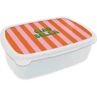 MuchoWow Broodtrommel Wit - Lunchbox Strepen - Oranje - Verticaal - Ciao bella - Brooddoos 18x12x6 cm - Brood lunch box - Broodtrommels voor kinderen en volwassenen