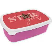 MuchoWow Broodtrommel Roze - Lunchbox Star girl - Rood - Panter - Ster - Brooddoos 18x12x6 cm - Brood lunch box - Broodtrommels voor kinderen en volwassenen