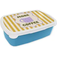 MuchoWow Broodtrommel Blauw - Lunchbox More coffee - Geel - Paars - Strepen - Mok - Brooddoos 18x12x6 cm - Brood lunch box - Broodtrommels voor kinderen en volwassenen