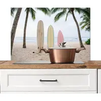 KitchenYeah Spatscherm keuken 80x55 cm - Kookplaat achterwand Surfboard - Palmbomen - Kleurrijk - Muurbeschermer - Spatwand fornuis - Hoogwaardig aluminium