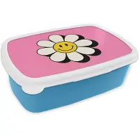 MuchoWow Broodtrommel Blauw - Lunchbox Smiley - Bloem - Roze - Brooddoos 18x12x6 cm - Brood lunch box - Broodtrommels voor kinderen en volwassenen