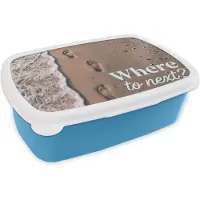 MuchoWow Broodtrommel Blauw - Lunchbox Where to next - Strand - Voetstappen - Brooddoos 18x12x6 cm - Brood lunch box - Broodtrommels voor kinderen en volwassenen
