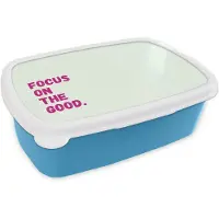 MuchoWow Broodtrommel Blauw - Lunchbox Focus on the good - Beige - Roze - Brooddoos 18x12x6 cm - Brood lunch box - Broodtrommels voor kinderen en volwassenen