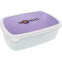 MuchoWow Broodtrommel Wit - Lunchbox Maandag - Mok - Koffie - Paars - Brooddoos 18x12x6 cm - Brood lunch box - Broodtrommels voor kinderen en volwassenen