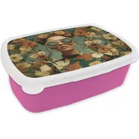 MuchoWow Broodtrommel Roze - Lunchbox Bloemenkrans - Vrouwengezicht - Zonnebril - Oranje - Brooddoos 18x12x6 cm - Brood lunch box - Broodtrommels voor kinderen en volwassenen