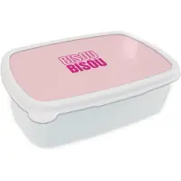 MuchoWow Broodtrommel Wit - Lunchbox Bisou - Roze - Minimalistisch - Brooddoos 18x12x6 cm - Brood lunch box - Broodtrommels voor kinderen en volwassenen