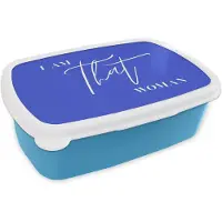 MuchoWow Broodtrommel Blauw - Lunchbox Blauw - I am that woman - Sierlijk - Minimalistisch - Brooddoos 18x12x6 cm - Brood lunch box - Broodtrommels voor kinderen en volwassenen