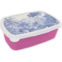 MuchoWow Broodtrommel Roze - Lunchbox Tropisch - Jungle - Blauw - Brooddoos 18x12x6 cm - Brood lunch box - Broodtrommels voor kinderen en volwassenen