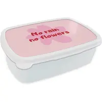 MuchoWow Broodtrommel Wit - Lunchbox No rain no flowers - Bloem - Roze - Brooddoos 18x12x6 cm - Brood lunch box - Broodtrommels voor kinderen en volwassenen