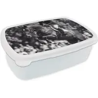 MuchoWow Broodtrommel Wit - Lunchbox Springen - Paard - Zwart - Wit - Brooddoos 18x12x6 cm - Brood lunch box - Broodtrommels voor kinderen en volwassenen