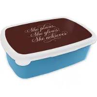 MuchoWow Broodtrommel Blauw - Lunchbox She plans she glows she achieves - Rood - Cursief - Brooddoos 18x12x6 cm - Brood lunch box - Broodtrommels voor kinderen en volwassenen