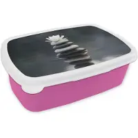 MuchoWow Broodtrommel Roze - Lunchbox Stenen - Lotus - Grijs - Brooddoos 18x12x6 cm - Brood lunch box - Broodtrommels voor kinderen en volwassenen