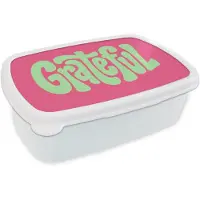MuchoWow Broodtrommel Wit - Lunchbox Grateful - Groen - Grafisch - Vloeiend - Brooddoos 18x12x6 cm - Brood lunch box - Broodtrommels voor kinderen en volwassenen